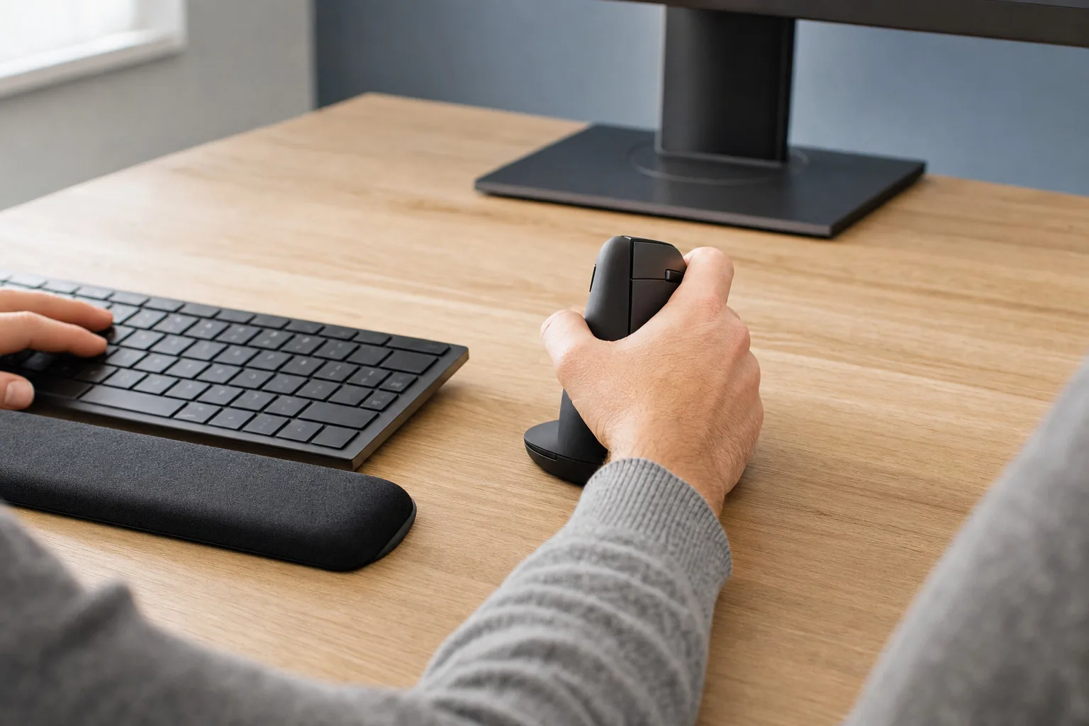 Teclado ergonómico partido sobre el escritorio